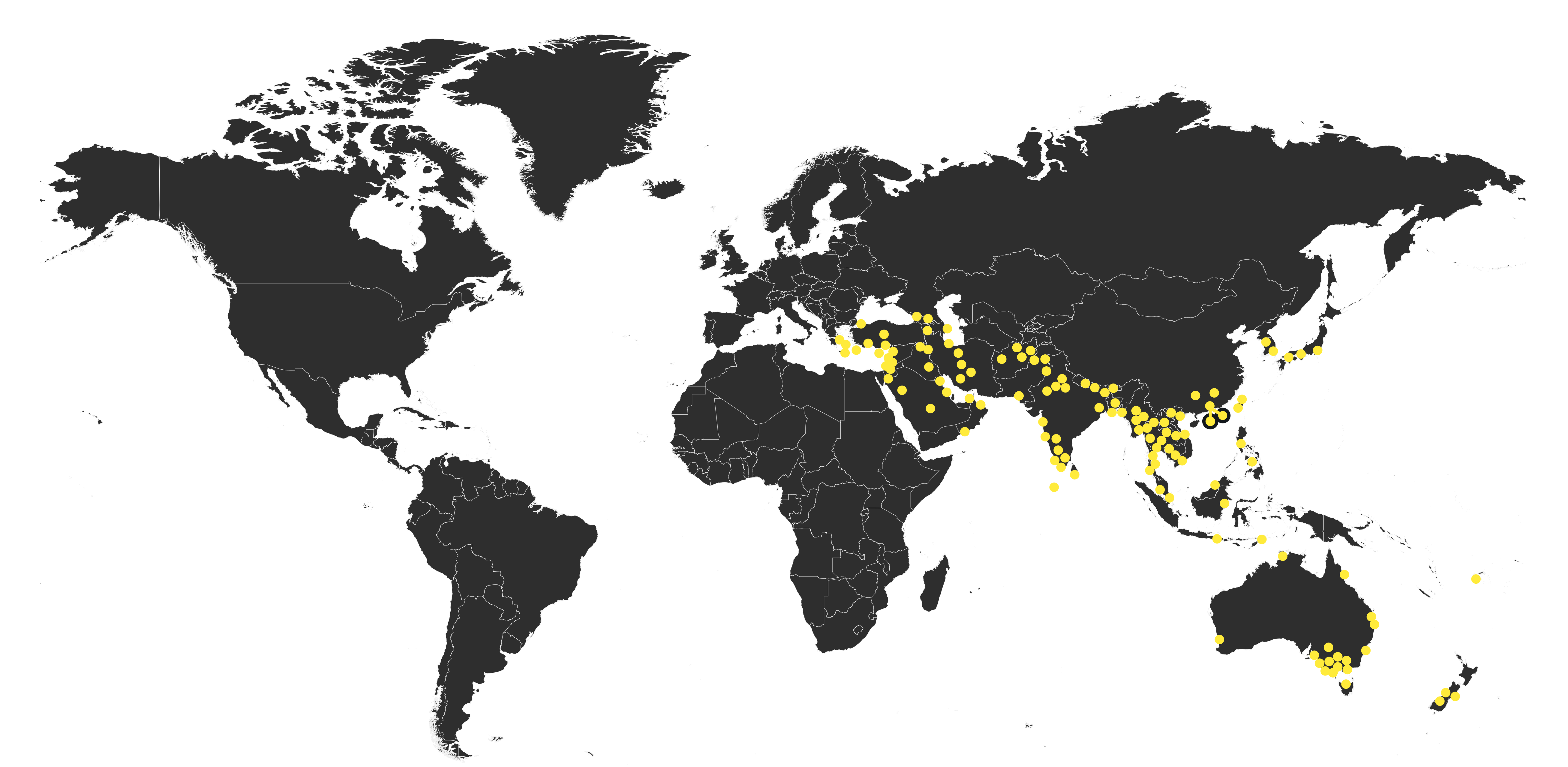 A full map of the world with everywhere I have been marked