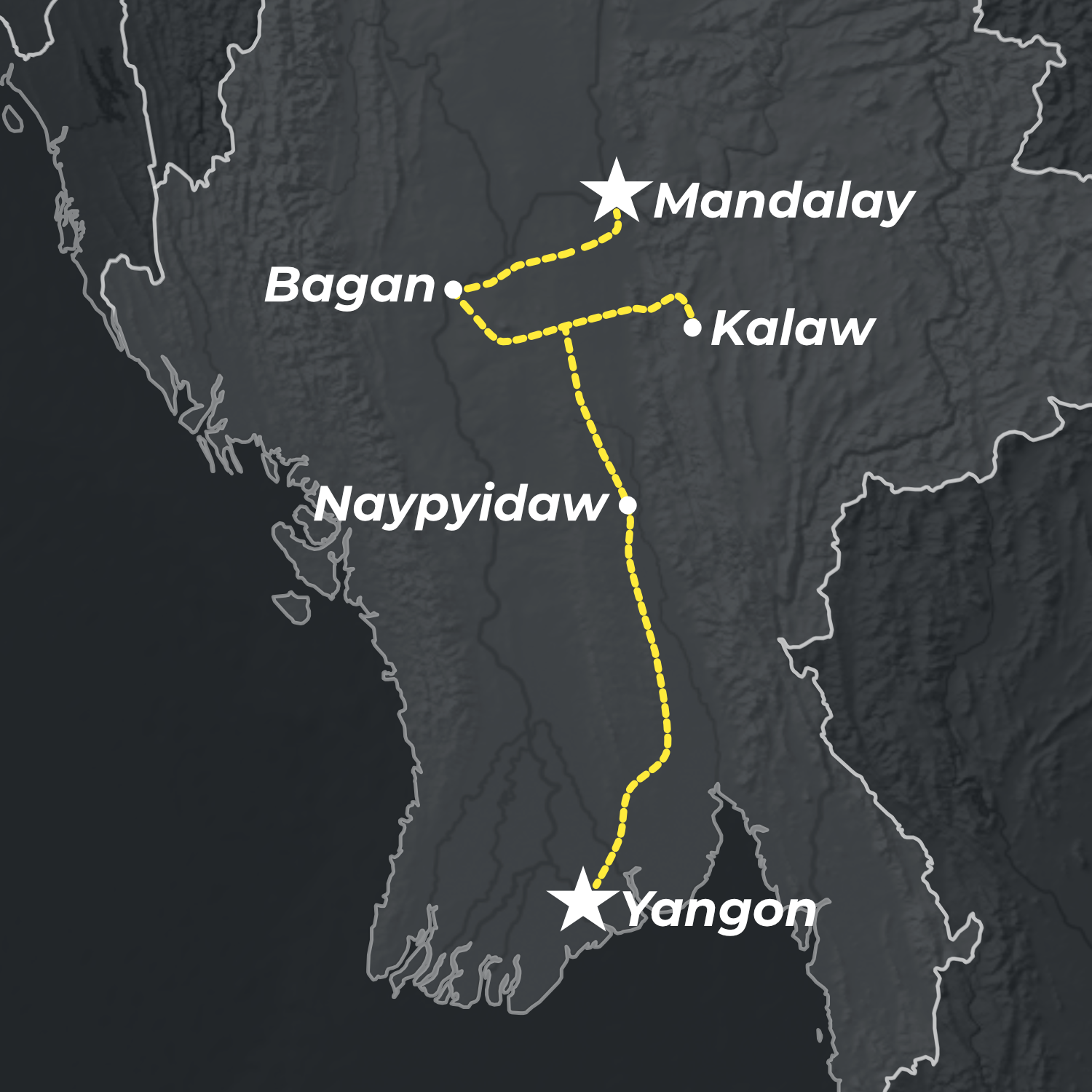 Map of Myanmar for Junta-Only Highlights itinerary